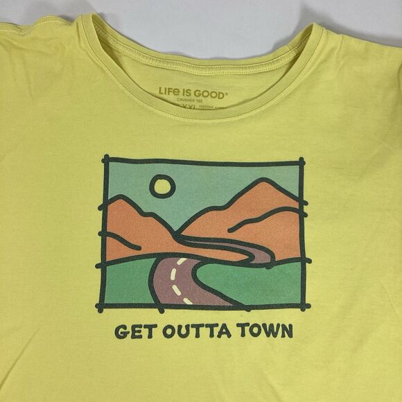 Life Is Good Crusher TShirt Womens XXL Yellow Short Sleeve Top Get Outta Town - Picture 3 of 7